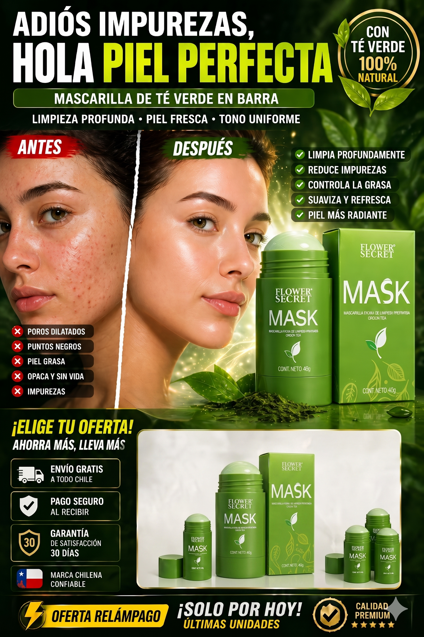 ¡ADIÓS A LAS IMPUREZAS! MASCARILLA TE VERDE FLOWER SECRET CON ENVÍO GRATIS‼️
