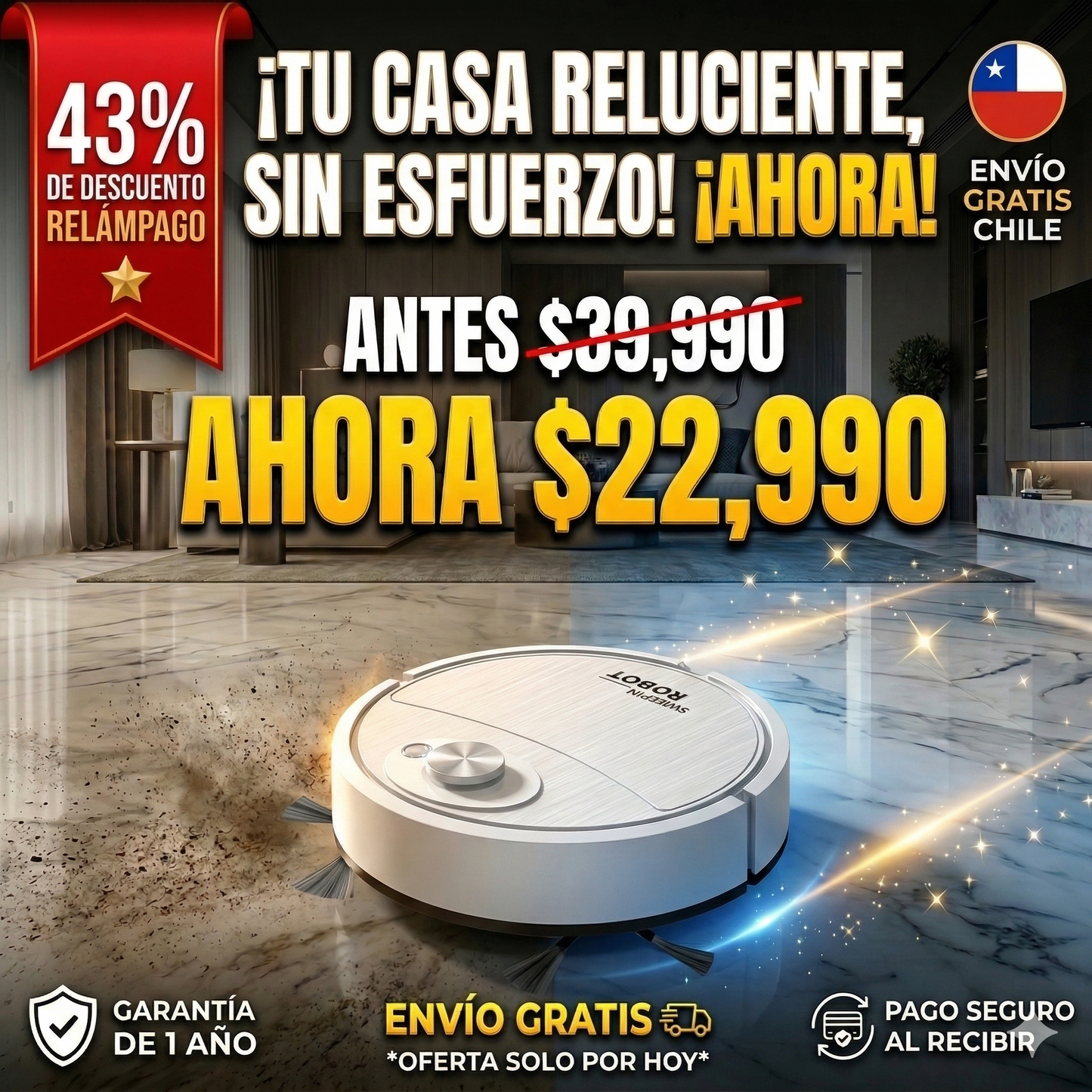 ¡OFERTA RELÁMPAGO! Robot Aspiradora Inteligente + Envío Gratis 🇨🇱